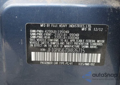 2013 Subaru Impreza 2.0I Sport Limited из США, поврежденный, VIN JF1GPAS67DH826715